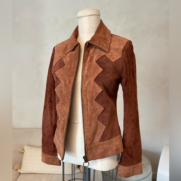 SUEDE PATCHWORK 70s STYLE ZIP UP LEATHER JACKET - Picture 3 of 14
